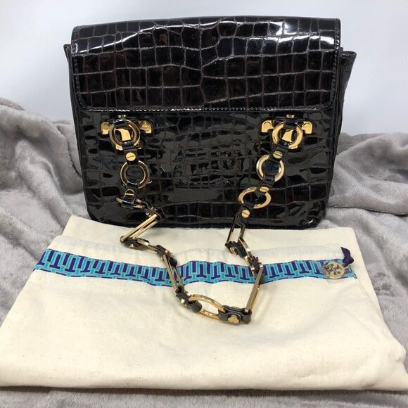 Tory Burch Retired Dark Brown Patent Leather Croc Embossed Gold Hardware Bag - Picture 1 of 12